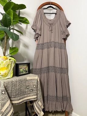 Free People Taupe Boho Crochet-Trim Maxi Dress